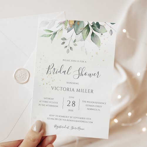 Eucalyptus Greenery Gold Leaves Bridal Shower Invitation