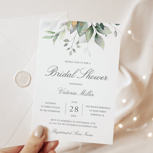 Eucalyptus Greenery Gold Leaves Bridal Shower Invitation