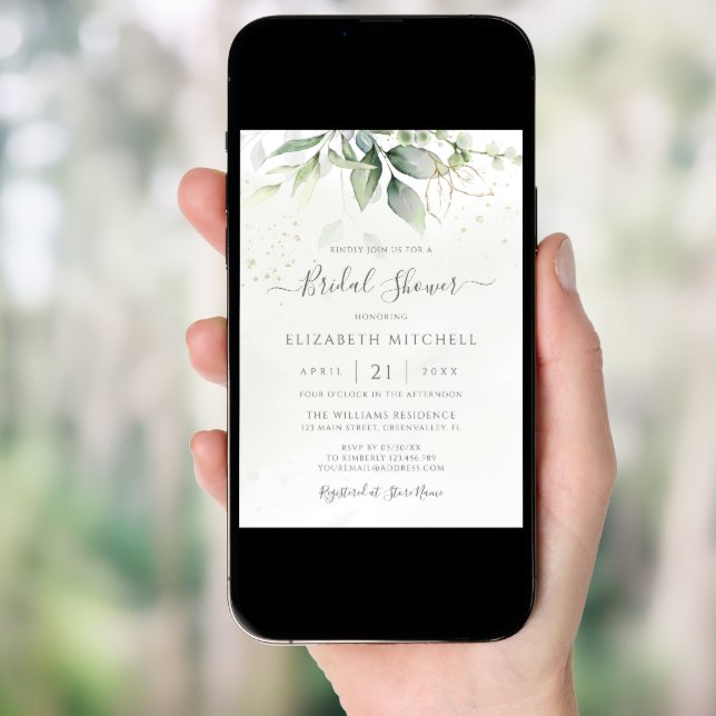Eucalyptus Greenery Gold Leaves Bridal Shower Invitation (Front Digital)