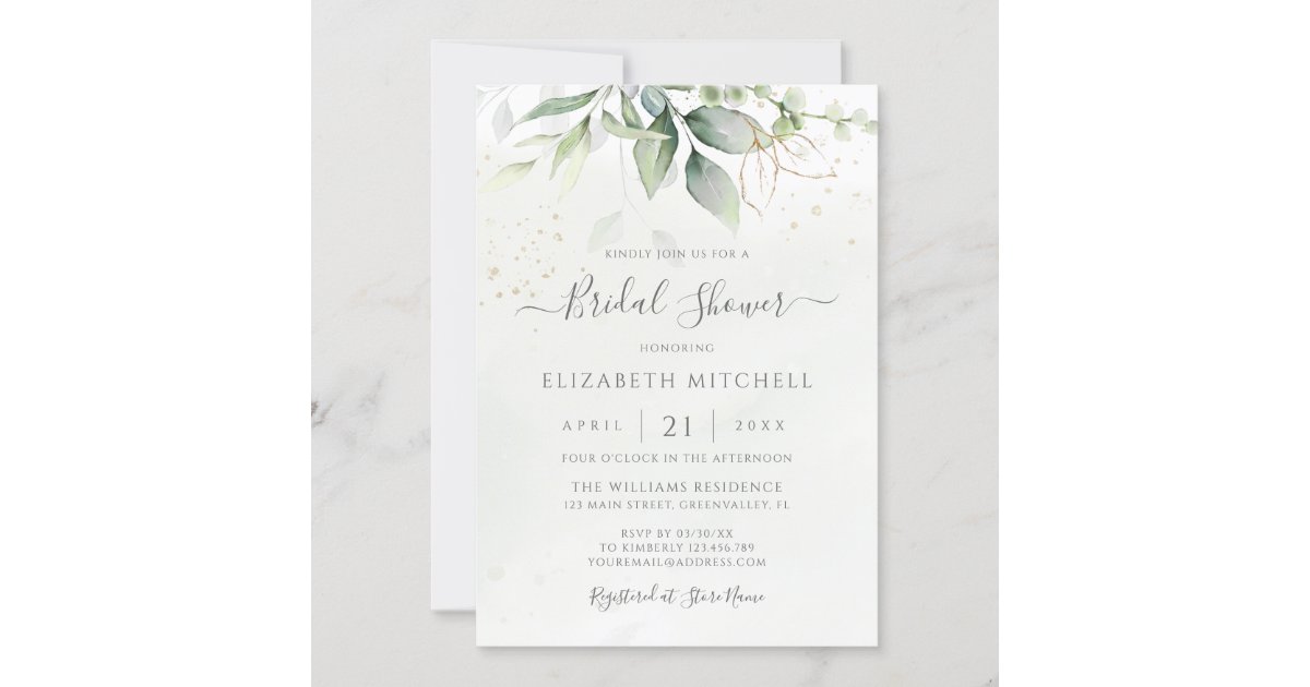 Eucalyptus Greenery Gold Leaves Bridal Shower Invitation Zazzle