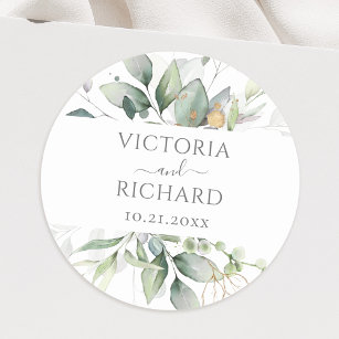 Eucalyptus Greenery Gold Leaves Elegant Classic Round Sticker