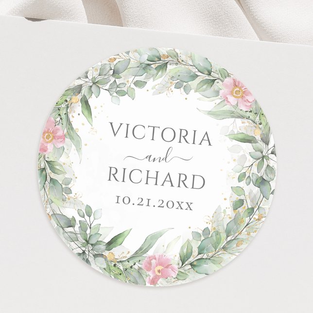 Eucalyptus Greenery Gold Leaves Elegant Classic Round Sticker (Creator Uploaded)