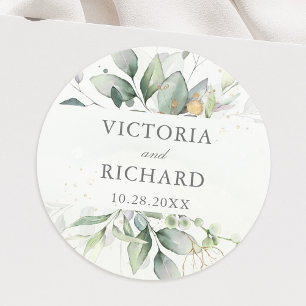 Eucalyptus Greenery Gold Leaves Elegant Classic Round Sticker