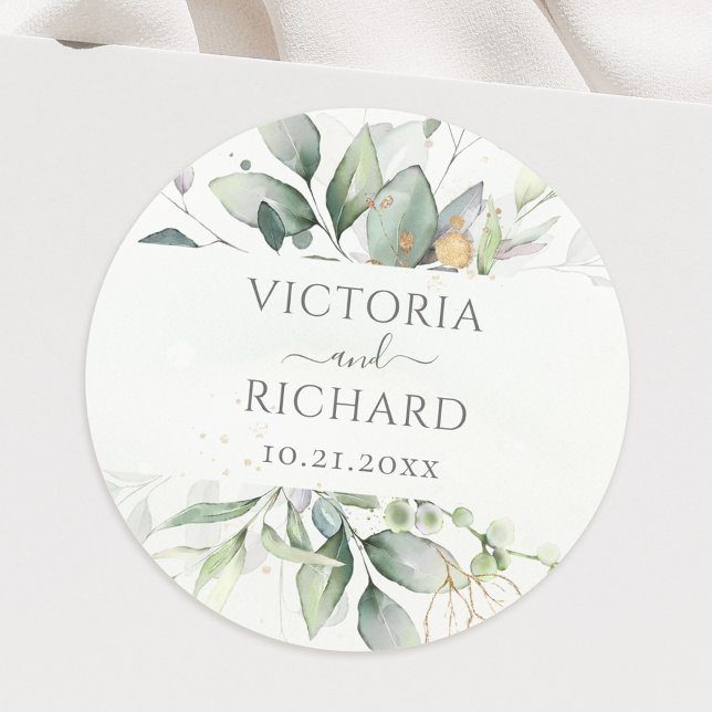 Eucalyptus Greenery Gold Leaves Elegant Classic Round Sticker (Creator Uploaded)