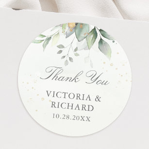 Eucalyptus Greenery Gold Leaves Elegant Thank You Classic Round Sticker