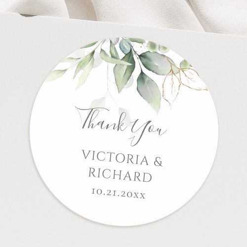 Eucalyptus Greenery Gold Leaves Elegant Wedding Classic Round Sticker