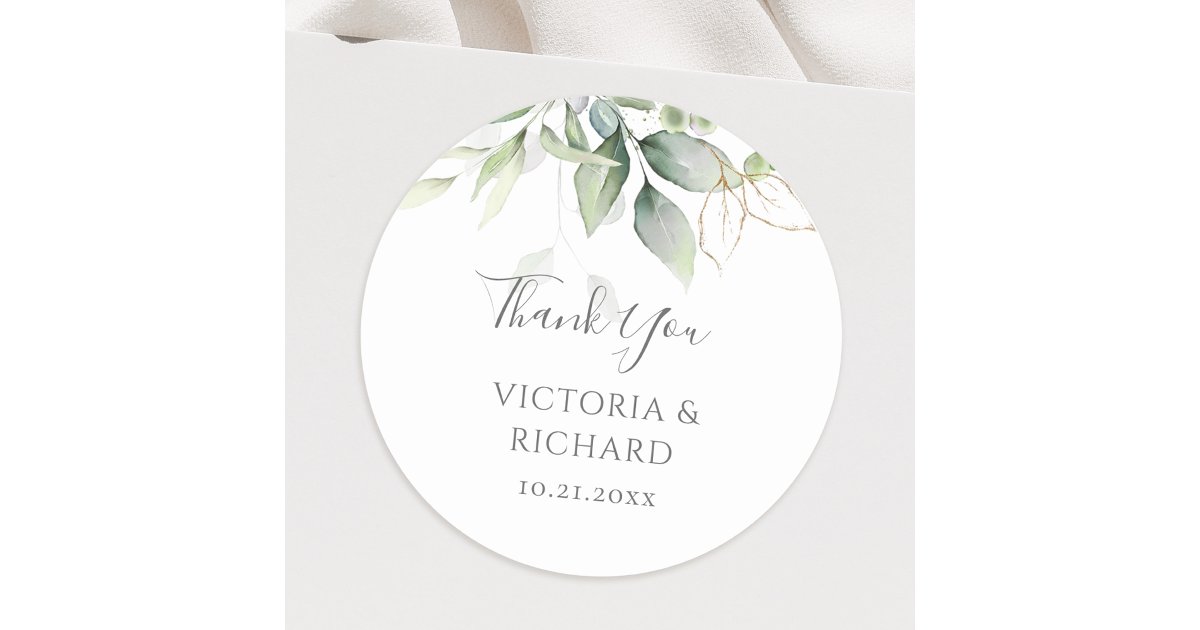 Eucalyptus Greenery Gold Leaves Elegant Wedding Classic Round Sticker ...