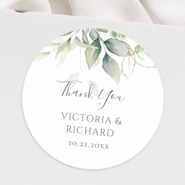Eucalyptus Greenery Gold Leaves Elegant Wedding Classic Round Sticker ...