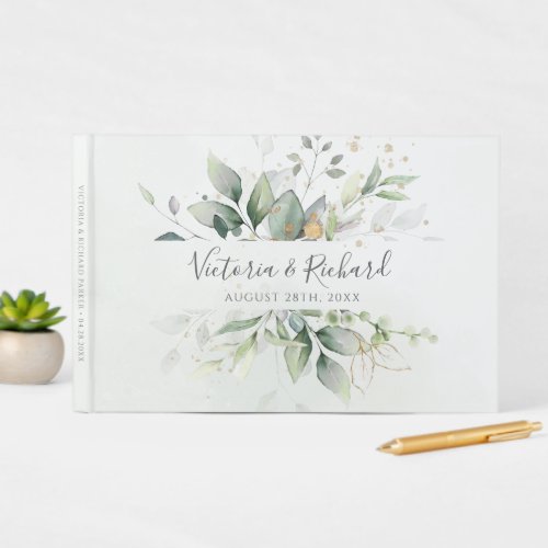 Eucalyptus Greenery Gold Leaves Elegant Wedding Guest Book