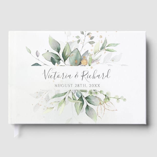 Eucalyptus Greenery Gold Leaves Elegant Wedding Guest Book (Front)