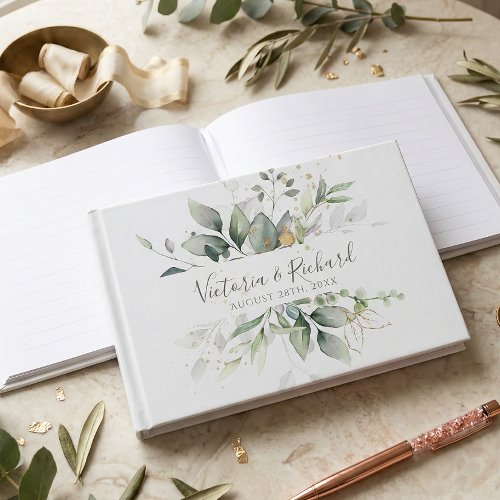 Eucalyptus Greenery Gold Leaves Elegant Wedding Guest Book