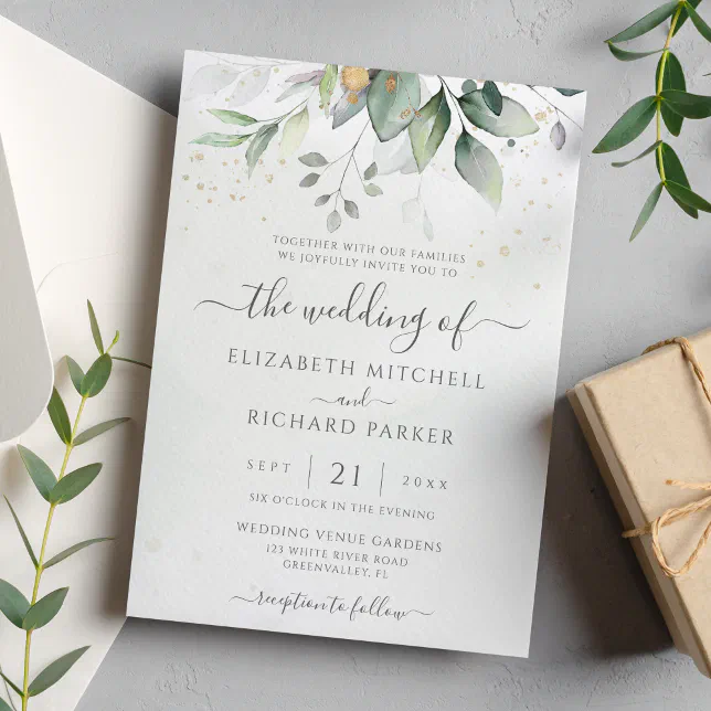 Eucalyptus Greenery Gold Leaves Elegant Wedding Invitation | Zazzle