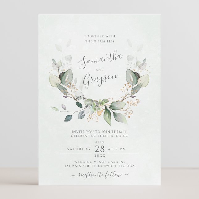 Eucalyptus Greenery Gold Leaves Elegant Wedding Invitation (Creator Uploaded)