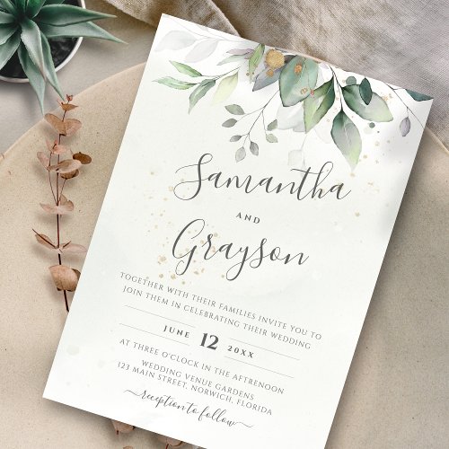 Eucalyptus Greenery Gold Leaves Elegant Wedding Invitation