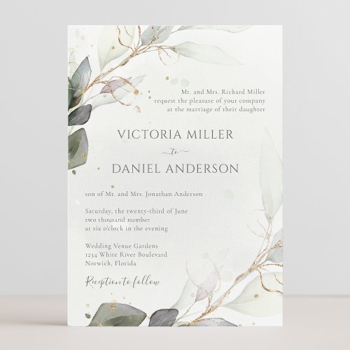 Eucalyptus Greenery Gold Leaves Elegant Wedding Invitation