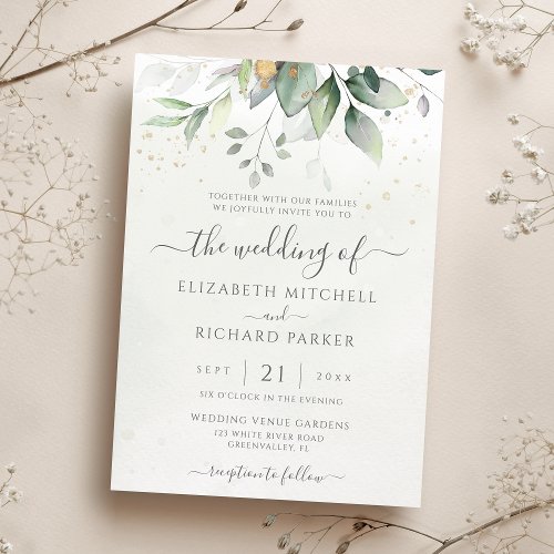 Eucalyptus Greenery Gold Leaves Elegant Wedding Invitation