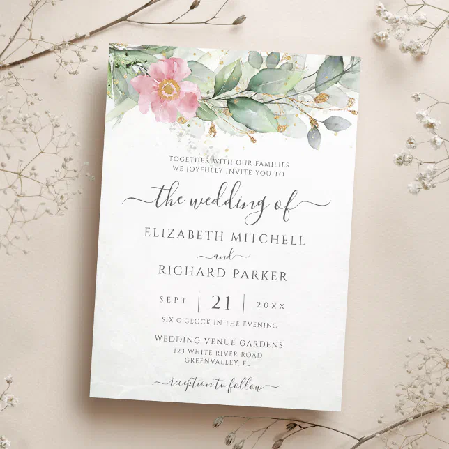 Eucalyptus Greenery Gold Leaves Elegant Wedding Invitation | Zazzle