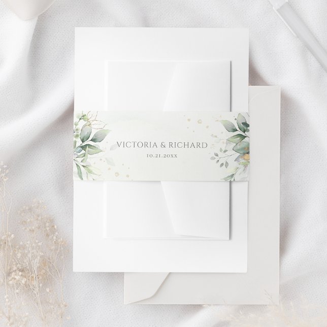 Eucalyptus Greenery Gold Leaves Elegant Wedding Invitation Belly Band (Creator Uploaded)