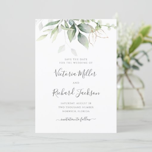 Eucalyptus Greenery Gold Leaves Elegant Wedding Save The Date | Zazzle