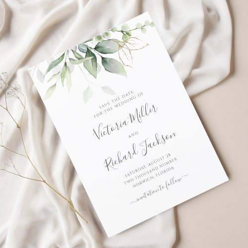 Eucalyptus Greenery Gold Leaves Elegant Wedding Save The Date