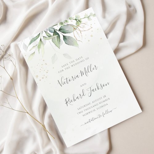 Eucalyptus Greenery Gold Leaves Elegant Wedding Save The Date