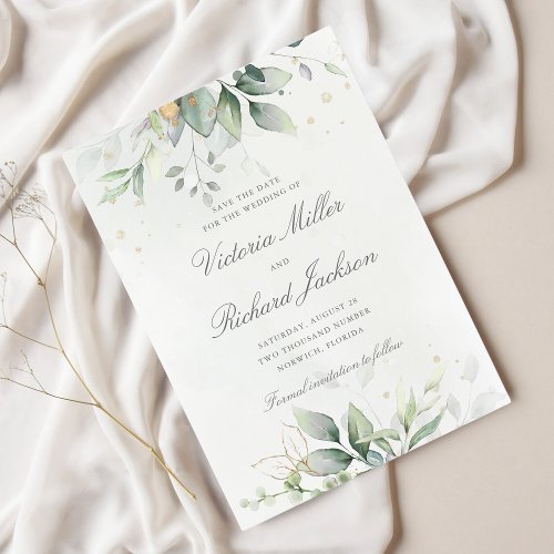 Eucalyptus Greenery Gold Leaves Elegant Wedding Save The Date