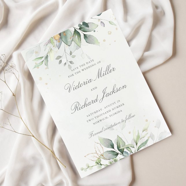 Eucalyptus Greenery Gold Leaves Elegant Wedding Save The Date (Creator Uploaded)