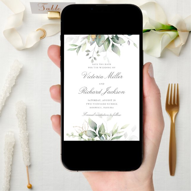 Eucalyptus Greenery Gold Leaves Elegant Wedding  Save The Date (Front Digital)