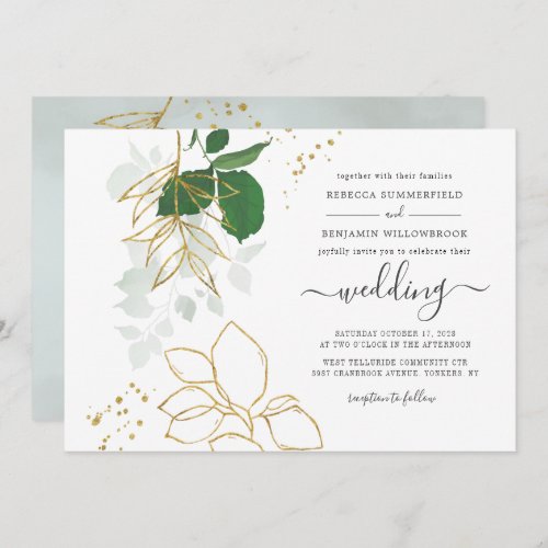 Eucalyptus Greenery Gold Leaves Geometric Wedding Invitation