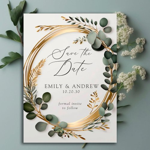 Eucalyptus Greenery Gold Leaves Script Wedding  Save The Date