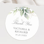 Eucalyptus Greenery Gold Leaves Thank You  Classic Round Sticker<br><div class="desc">Beautiful Thank You stickers featuring watercolor eucalyptus and gold leaves.</div>