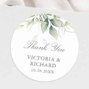 Eucalyptus Greenery Gold Leaves Thank You  Classic Round Sticker