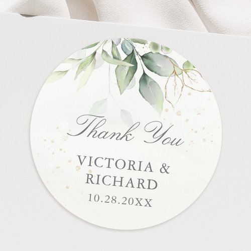 Eucalyptus Greenery Gold Leaves Thank You Classic Round Sticker