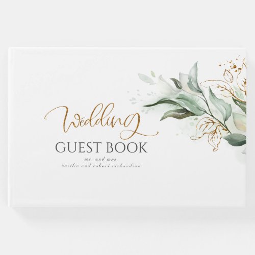 Eucalyptus Greenery Gold Leaves Wedding Guest Book