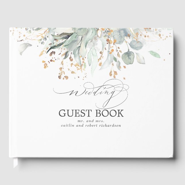 Eucalyptus Greenery Gold Leaves Wedding Guest Book (Front)