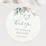 Eucalyptus Greenery Gold Leaves Wedding Thank You Classic Round Sticker<br><div class="desc">Beautiful wedding Thank You stickers featuring watercolor eucalyptus and gold leaves.</div>