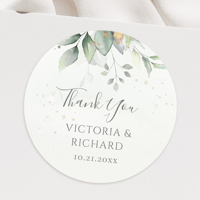 Eucalyptus Greenery Gold Leaves Wedding Thank You Classic Round Sticker (Creator Uploaded)
