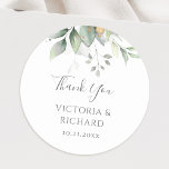 Eucalyptus Greenery Gold Leaves Wedding Thank You Classic Round Sticker<br><div class="desc">Beautiful wedding Thank You stickers featuring watercolor eucalyptus and gold leaves.</div>