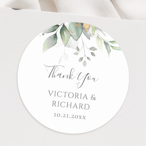 Eucalyptus Greenery Gold Leaves Wedding Thank You Classic Round Sticker