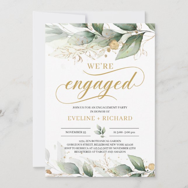 Eucalyptus greenery gold leaves we're engaged invitation (Front)