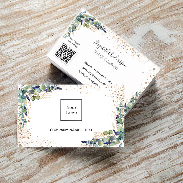 Eucalyptus greenery gold logo QR code Business Card Zazzle