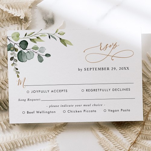 Eucalyptus Greenery Gold Meal Options Song Request RSVP Card