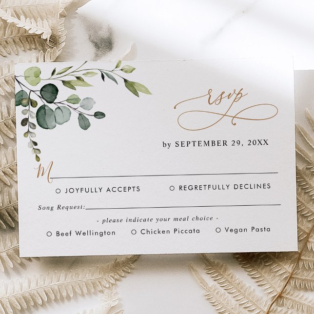 Eucalyptus Greenery Gold Meal Options Song Request RSVP Card (Creator Uploaded)