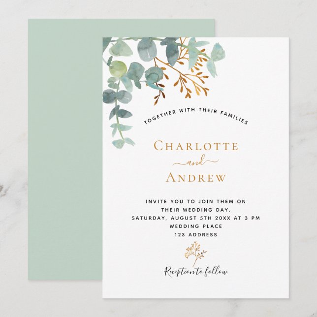 Eucalyptus greenery gold modern elegant wedding invitation (Front/Back)
