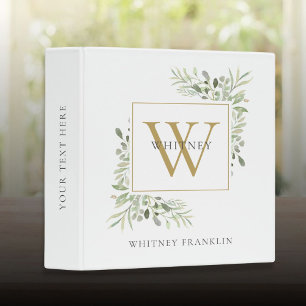 Eucalyptus Greenery Gold Monogram School Office 3 Ring Binder