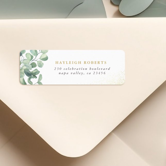 Eucalyptus Greenery & Gold Name Return Address Label (Return Address Label Mock-up)