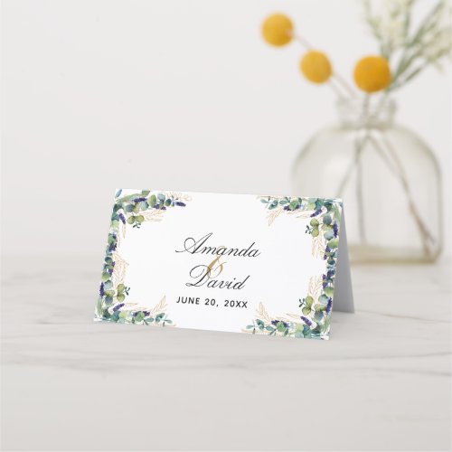 Eucalyptus greenery gold names wedding place card