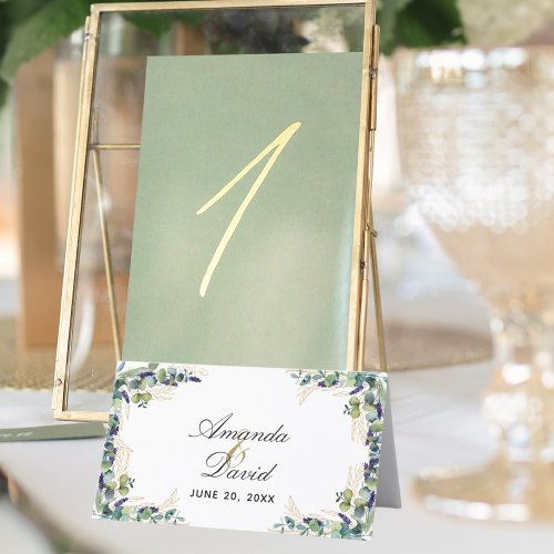 Eucalyptus greenery gold names wedding place card