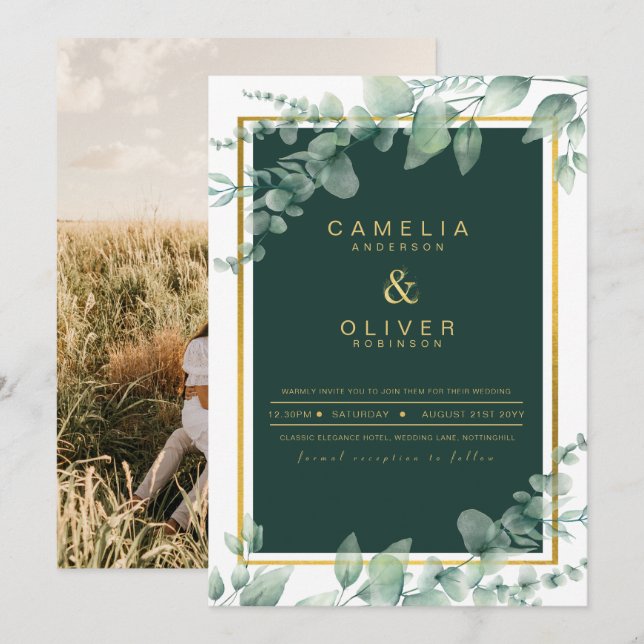 Eucalyptus Greenery Gold PHOTO WEDDING INVITE (Front/Back)