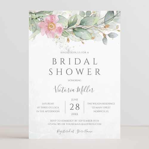 Eucalyptus Greenery Gold Pink Floral Bridal Shower Invitation